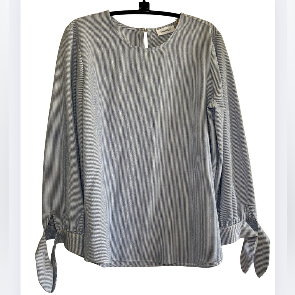 Calvin Klein Blue and White Striped Blouse with Tie Sleeves